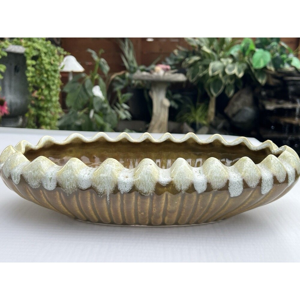 California Pottery Glaze Ruffled Rim Oval Planter 1960's Vintage Ceramic